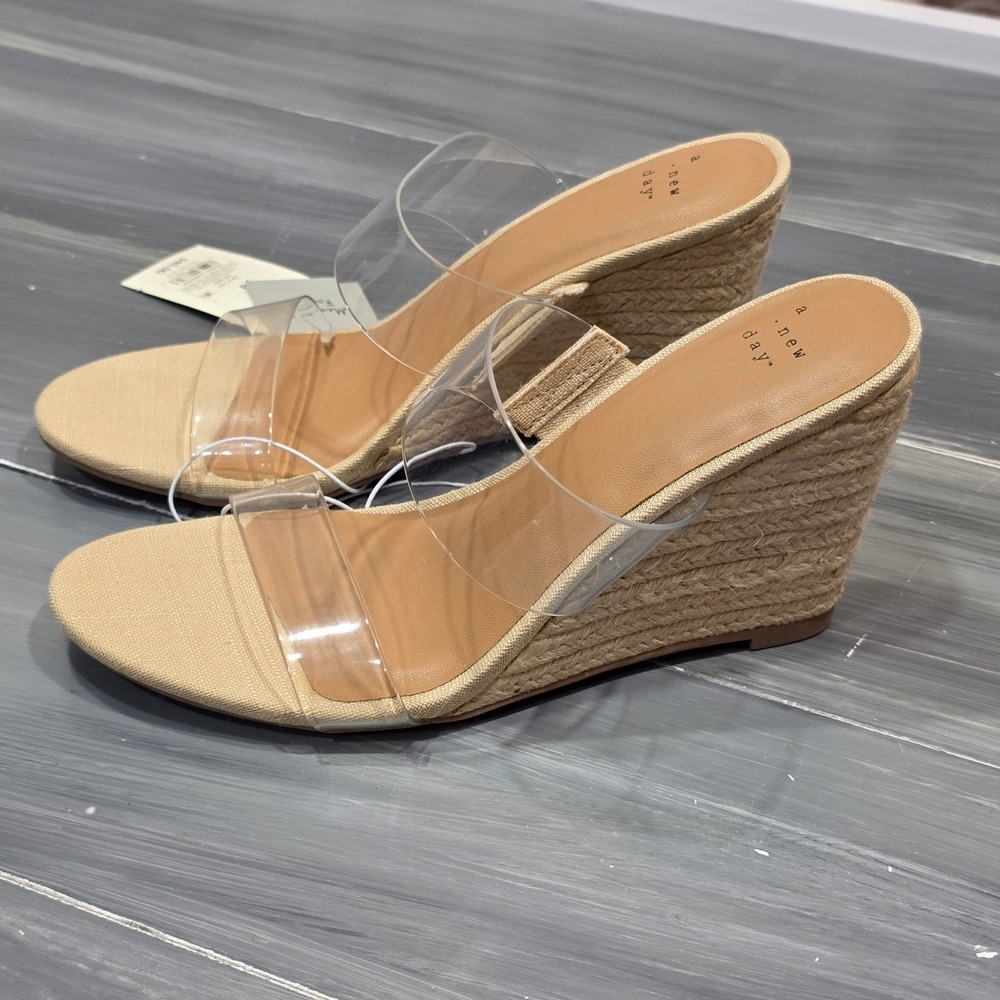 A New Day Ansel Espadrille‎ Wedge Sandals Clear Double Strap Tan - Picture 6 of 11
